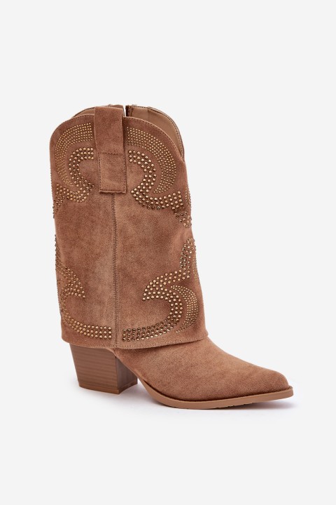 Embellished Cowboy Ankle Boots Mid Calf Heeled S.Barski HY42-153 Camel