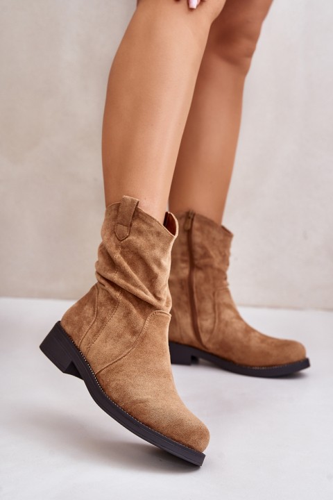 Warm Women's Ankle Boots With Gathered Shaft And Decoration Camel Etteara