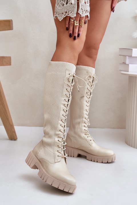 Women's Sock Boots with Laces on Flat Heel Beige Vamisha