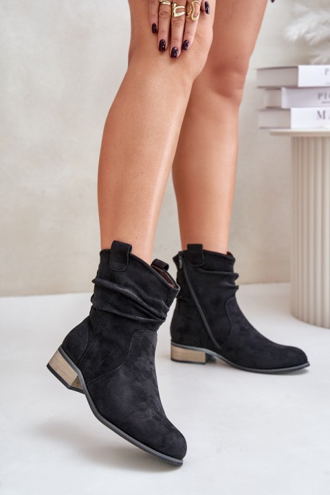 Warm Ankle Boots With Ruching On Low Heel Black Elletinnia