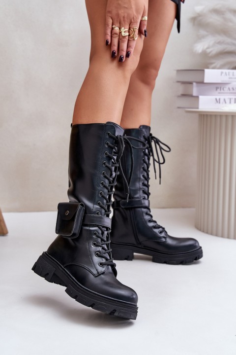 Insulated combat boots up to mid-calf with pouch black Temisza