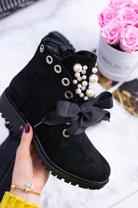 Suede Lined Ankle Boots With Pearls And Ribbon Black Perla