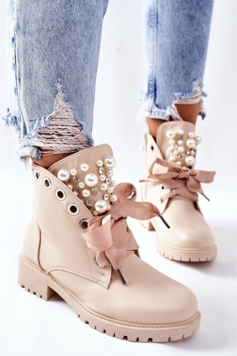 Beige Boots With Pearls, Rhinestones And Ribbon Nudago