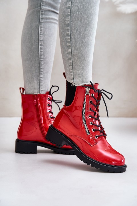 Lacquered Worker Boots With Zipper Insulated Red Ravanthia