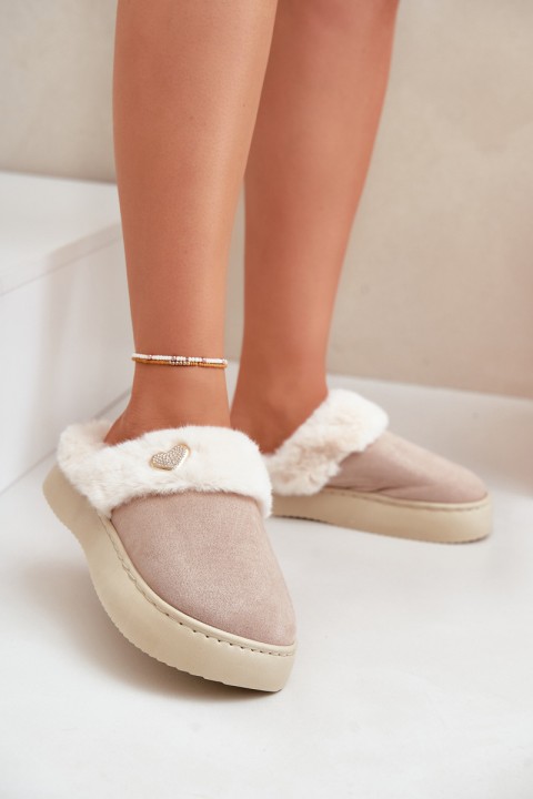 Women's Slippers With Fur And Decorative Heart Beige Otielo