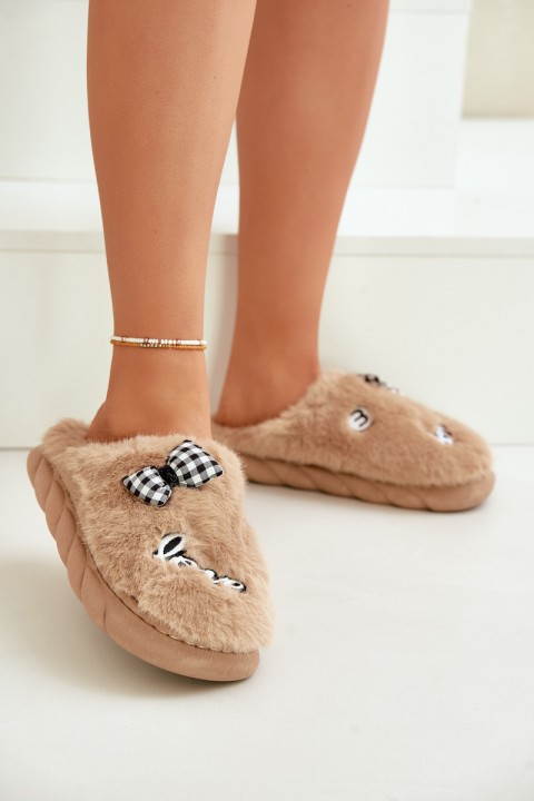 Womens Fur Slippers With Patches And Bow Brown Linnorelia