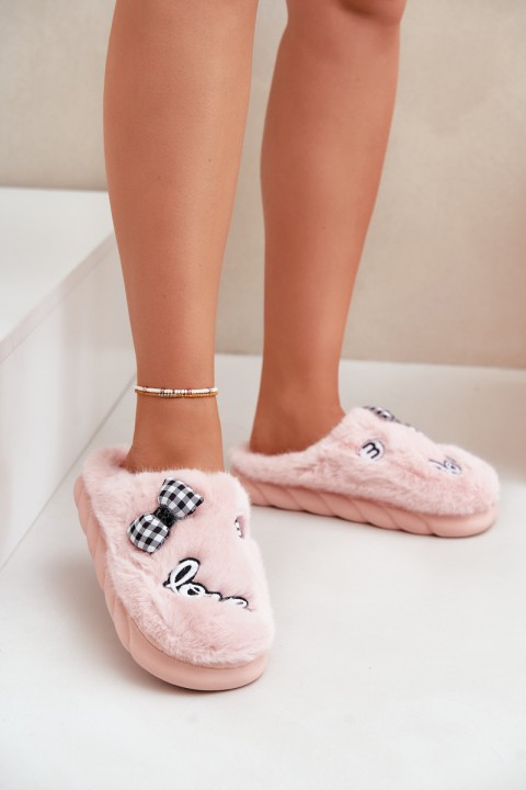 Women's Furry Slippers With Patches And Bow Pink Linnorelia