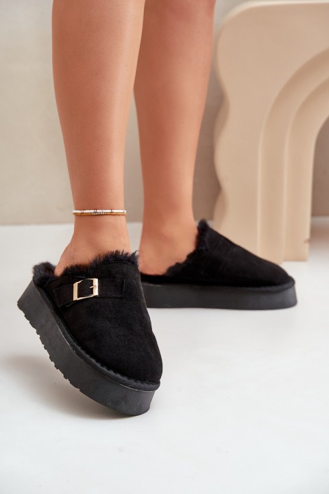 Women's Slippers On Thick Sole With Fur And Buckle Black Linneola