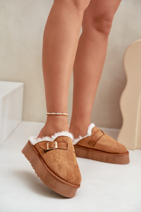 Women's slippers on a thick sole with fur and a buckle Camel Linneola