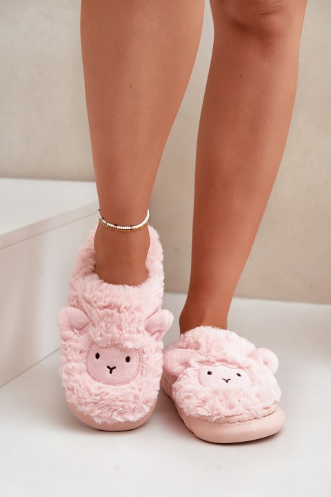 Womens Furry Slippers With Sheep Motif Pink Phaeia