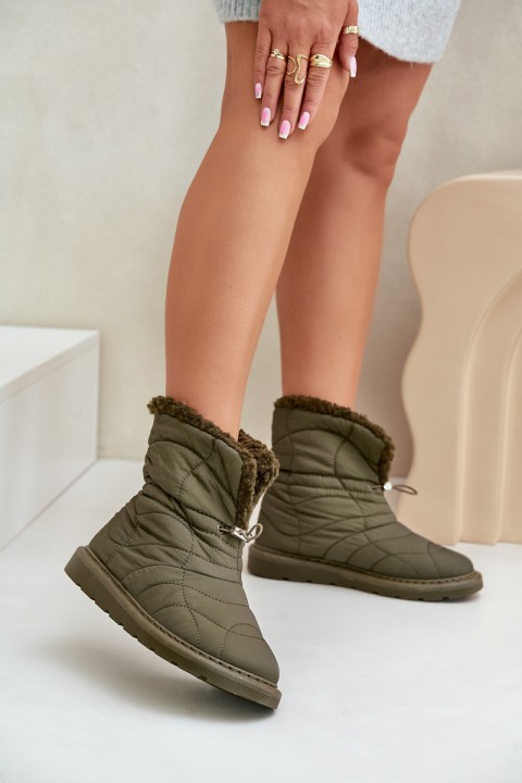 Women's Snow Boots With Drawstring Insulated With Sheepskin Dark Green Vamidra