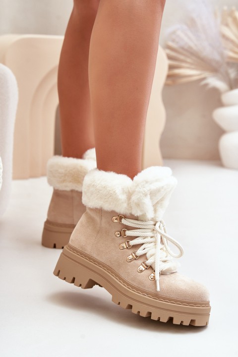 Lace-Up Women's Ankle Boots with Fur Light Beige Vaminia