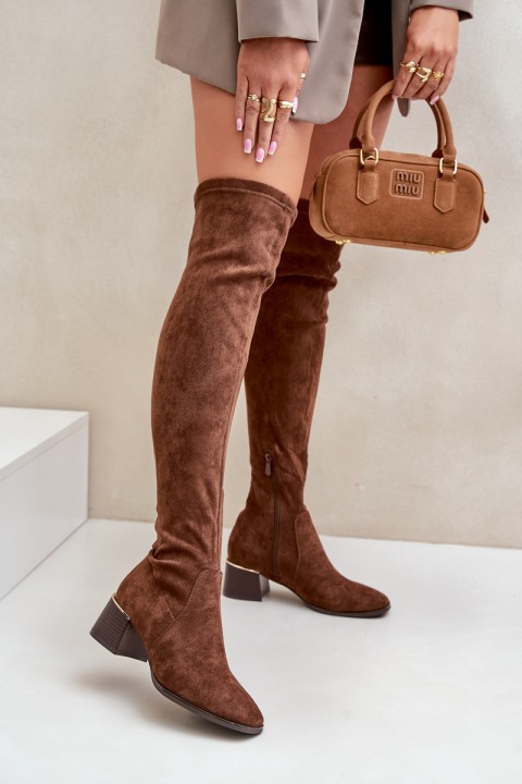 Block Heeled Knee High Boots From Eco Suede Brown Galadi