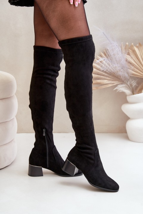 Heeled Knee High Block Boots Made Of Eco Suede Black Galadi