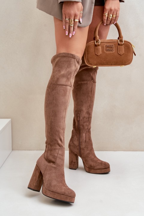 Knee High Platform Heeled Boots Eco Suede Dark Beige Zistaria