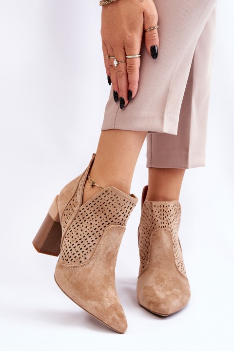 Fashionable Suede Openwork High Heel Boots Beige Genevi