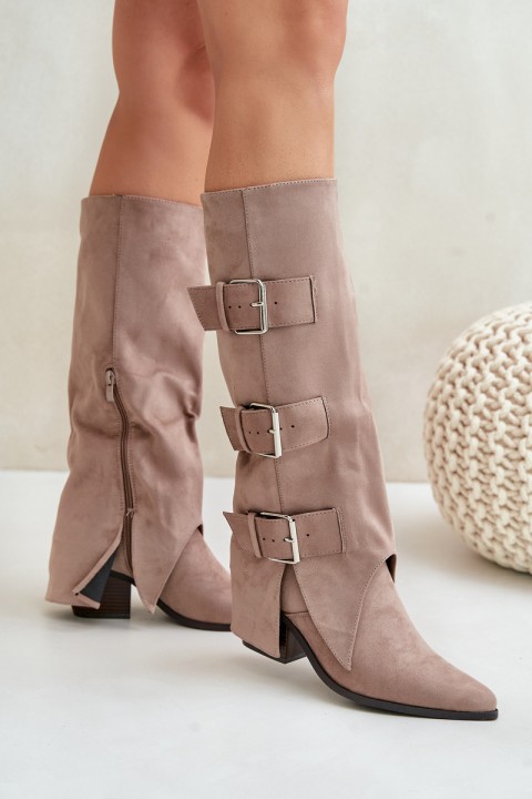 Knee High Heeled Boots With Folded Shaft And Buckles Beige Vamissa