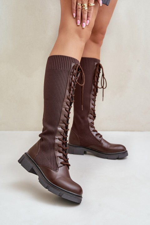 Laced Boots With Elastic Shaft Brown Vamilena